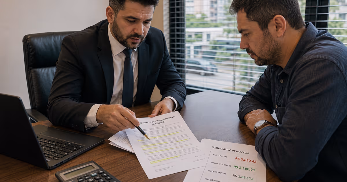 Advogado revisa contrato de financiamento de veículo ativo para identificar juros abusivos e valores pagos a mais
